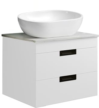 BELOFAY 600mm Wall Mounted Vanity Unit with Basin | Two Soft-Close Drawers | Modern Floating Design with Countertop Basin & White Wooden Worktop | White Matt Finish