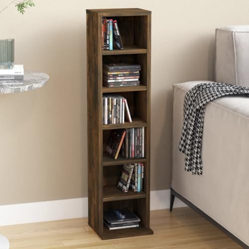 prissent Schmales und hohes Bücherregal, platzsparend, CD-Ständer, CD-Regal, Bücherregal, Wohnzimmer, Bücherregal, Holz, Bücherregal, mehrschichtiges Holzregal, Eiche Rauch, 21 x 20 x 88 cm