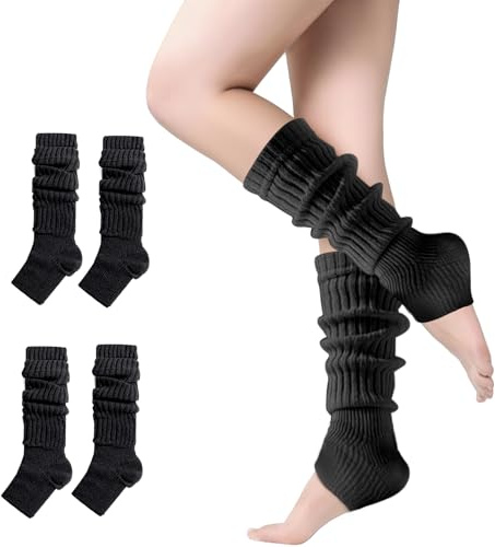 newhsy 2 Pairs Leg Warmers Winter Knit Ribbed Leg Warmers for Women Girls Yoga Ballet Dance Ice Skating Accessories (black, One Size)