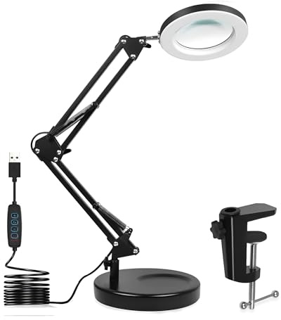 10X Magnifying Glass with Light and Stand, Computer Magnifier with LED Light 2 in 1 Desk Lamp with Clamp & Base with 3 Color Modes and Swing Arm for Repair Work Reading Crafts and Close Work
