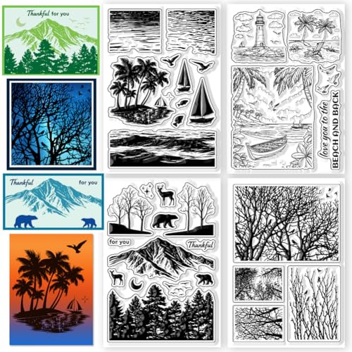 CHGCRAFT 4 Stück Klarstempel Landschaftssilhouette 11x16cm | Landschaftssilhouette Baumzweige Silikonstempel für Scrapbooking und Karten