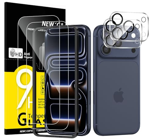NEW'C 2 x Skärmskydd för iPhone 17 Pro Max (6,9 tum) och 2 x kameralinsskydd i härdat glas - Fri från luftbubblor - Ultrabeständigt - 9H hårdhetsglas - Enkel installationsverktyg inkluderat