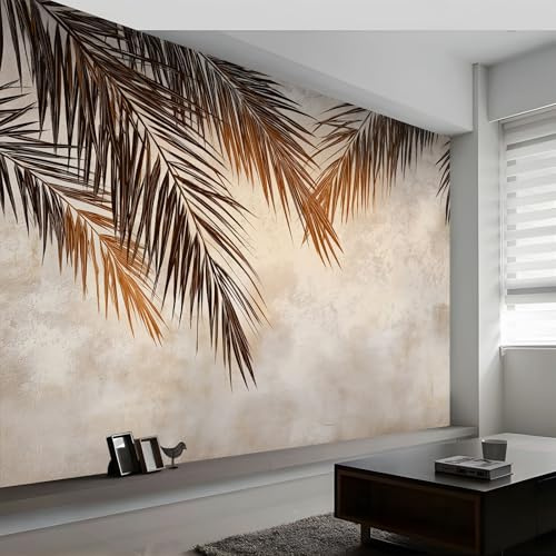 Papel pintado panorámico moderno shabby chic para salón dormitorio comedor - Mural decorativo artístico plantas hojas de palma rayas papel pintado no tejido fotográfico 500An x 280Al cm