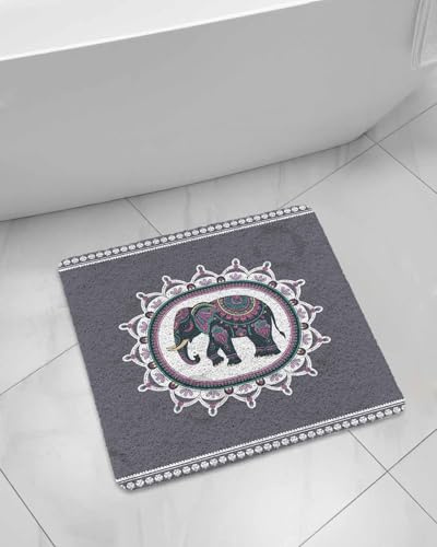 Ethnic Style Elephants Shower Mat Non Slip Bathtub Mat Retro National Animal Floral Bath Mat Soft Loofah Shower Mats for Shower Tub Bathroom Quick Drying Foot Mat, 24x24 Inch