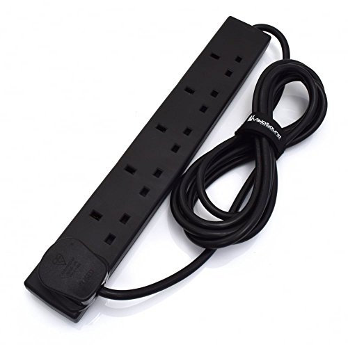 6-Gang Extension Trailing Lead - Black Multi Plug Power Cable - 1m / 2m / 3m / 5m / 10m 2m