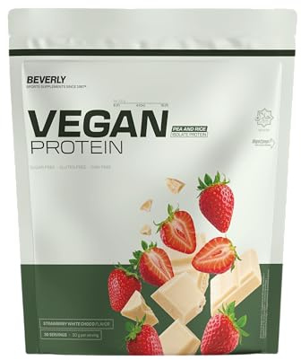 Beverly Vegan Delicatesse | Protéines de riz et de pois | 900g | Chocolat blanc aux fraises | avec des superaliments | mélangeur gratuit