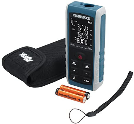 Ferrestock FSKLDM070 Laserentfernungsmesser bis zu 70 Meter, LCD-Display, 2 Referenzpunkte, 7 Messmodi, digitale Ebene und 99 Speicherplätze.