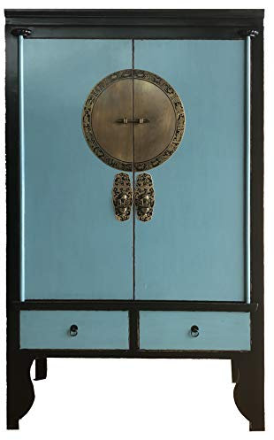OPIUM OUTLET Chinesischer Hochzeitsschrank Schrank Kommode China asiatisch Vintage Shabby-chic Stil Kleiderschrank Holz massiv 2 Türen 2 Schubfächer (schwarz-blau)