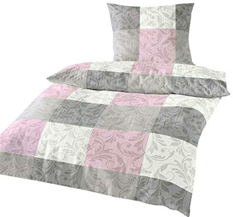Traumschlaf Seersucker Bettwäsche Fleur aus Baumwolle - luftige Sommerbettwäsche mit floralem Karomuster in Rosé - 155x220 cm + 80x80 cm