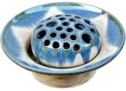 Blumensteckschale beige-blau, 2-teilig, handgetöpfert, 13 cm Durchmesser, Steinzeug