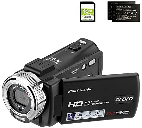 ORDRO Camcorder Nachtsicht Videokamera YouTube Vlogging Kamera Recorder FHD 1080P 15FPS 30MP 3,0 Zoll 270 Grad Drehung LCD 16X Digital Zoom Camcorder mit 2 Batterien und 16 GB SD-Karte