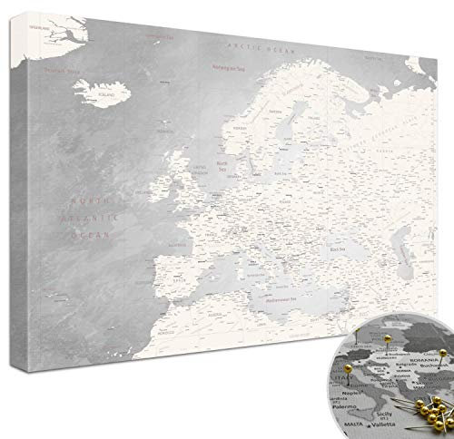 LANA KK - Luxus Pinnwand Europakarte - Champagner - Englisch - in 80 x 60 cm, stabile Rückwand zum Pinnen inkl. Starterkit - Leinwand-Kunstdruck Wandbild Landkarte XXL