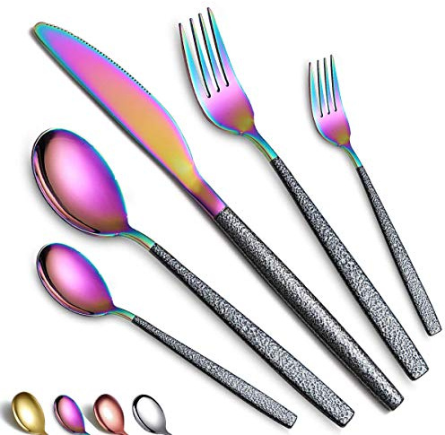 Besteckset 30 Stück Regenbogenkopfbeschichtung mit Schwarzem Marsgriff, Edelstahl Titan Buntes Beschichtungsmesser Löffel Gabeln BestecksetUtensilienset Besteckset Service für 6 Personen