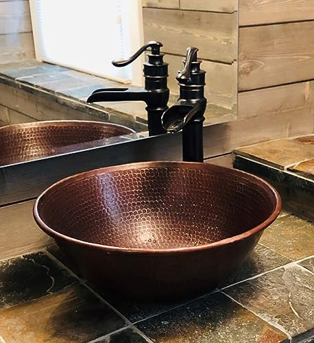 Simply Copper 14 Round Copper Vessel Brushed Sedona Countertop Sink with 13 Pump Look Faucet and Daisy Drain