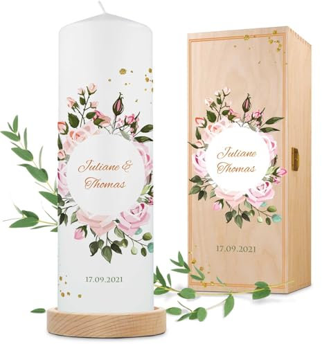 GRAVURZEILE Bedruckte Kerze - Summer & Flower - Personalisiert mit Namen, Datum & Wunschtext - Personalisiertes Geschenk zur Hochzeit als Hochzeitskerze und Traukerze - Stumpenkerze 250/80 mm