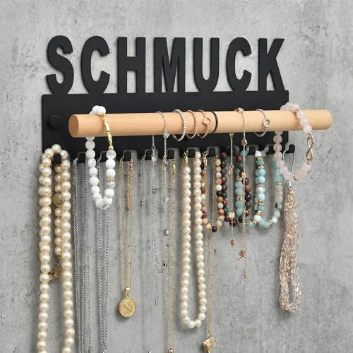Schmuckhalter Wand Metall und Holz Design by GALEARA Schmuckleiste mit Schmuck oder Bijoux Schriftzug Schmuckaufbewahrung… (Schmuck Schwarz)