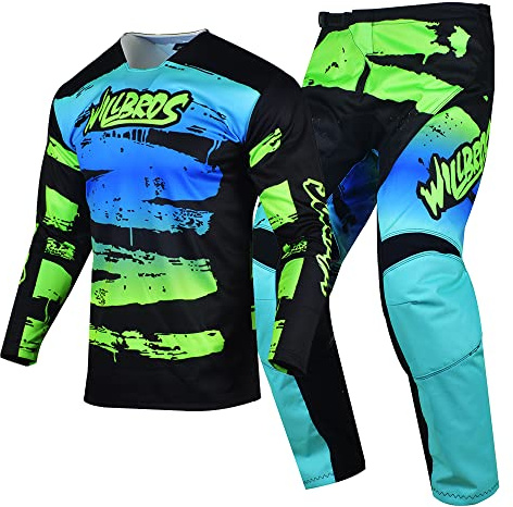 Willbros Combo de Pantalones y Jersey de Motocross Hombres MX Fuera de la Carretera Bicicleta Sucia Ropa de Carrera Ciclismo Equitación ATV BMX Unisexo Adulta Verde Negro (Jersey L Pantalones 34)