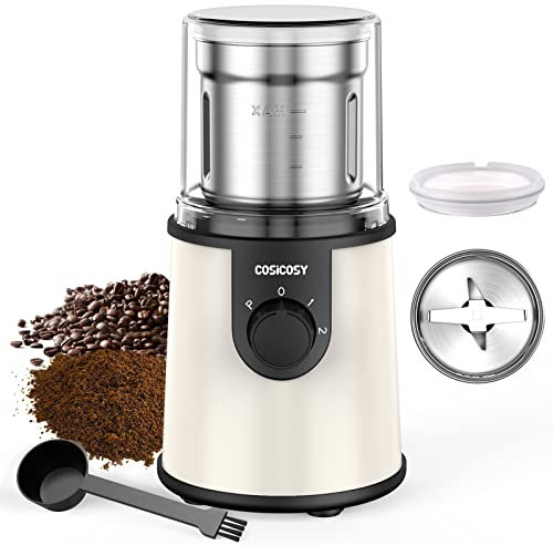 COSICOSY Electric Spice Grinder with 304 Stainless Steel Blades, Removable Bowls, 350W Motor Coffee Bean Machine with Spoon Brush for Beans, Nuts, Pepper, Beige
