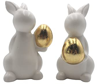 Dekohelden24 Hasen in weiß mit goldenem Ei im 2er Set, Keramik, Osterdeko, Osterhase, Größe: L/B/H 6 x 7 x 11 cm