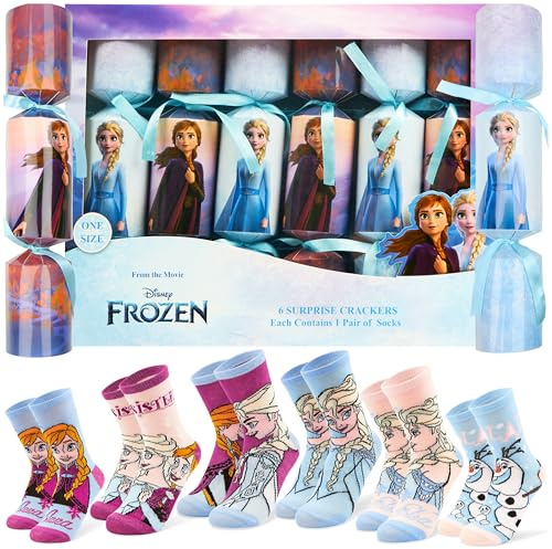 Disney Luxury Christmas Crackers, Pack of 6 Deluxe Xmas Crackers with One Size Calf Length Socks Inside, Fun Novelty Christmas & Party Table Gifts (Blue Frozen - Kid)