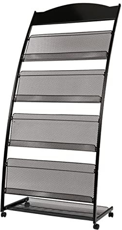 ACiyD Bodenstehender Zeitschriftenhalter mit Rädern, schwarzer Zeitschriftenständer mit 4 Ablagefächern, hoher Broschürenständer aus Metall, 140 cm