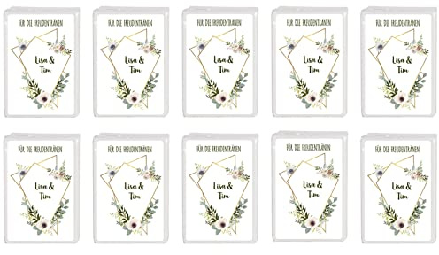 Herz & Heim® Taschentücher 10 x 10 in personalisierter Packung zur Hochzeit, verschiedene Motive Blütenornamente auf geometrischen Formen