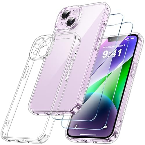 Qasyfanc Klar Handyhülle für iPhone 14 Hülle, Durchsichtig | Inklusive 2 Stück Schutzfolie, Militärschutz Kratzfest Hard PC Transparent Case Schutzhülle für iPhone 14