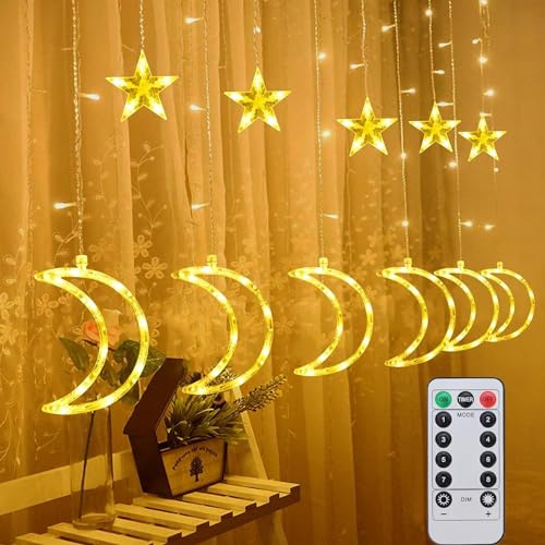 Fohil LED Lichterkette, 126 LED Lichtervorhang mit Mond und Stern, 8 Modi, Innen Außen, Warmweiß