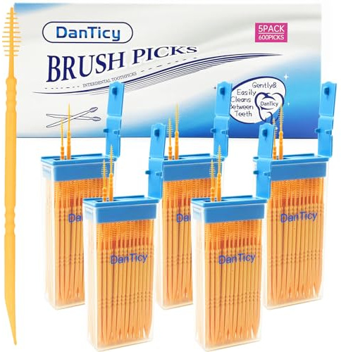DanTicy Brushpicks mellantandliga tandpetare, mjuk borst tandtråd plockar tandpetare, hjälper till att ta bort plack och skräp mellan tänderna 600 st (förpackning med 5) orange