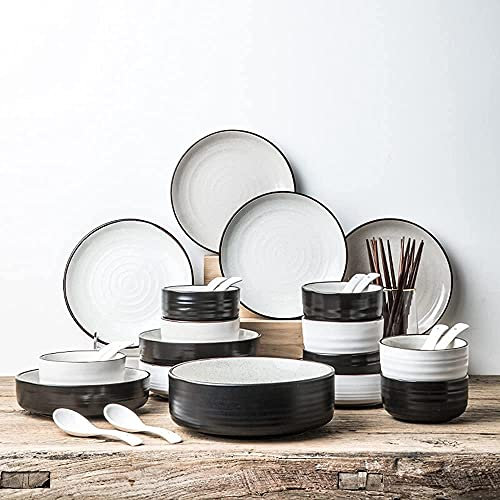 Service de Table Classique Luxueux en Porcelaine, 42 Assiettes Rondes et Bols, moucheté Noir et Blanc, Service pour 8 à 10 Personnes, Service de Vaisselle/Service de Table en céramique, Noir