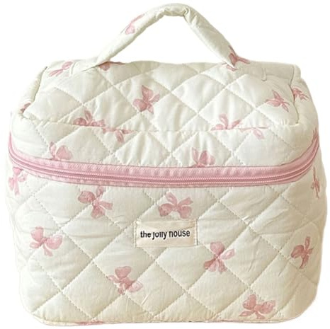 JUCHRZEY Kosmetiktasche mit niedlicher Schleife und Reißverschluss, Reise-Make-up-Tasche, Baumwolle, gesteppt, Make-up-Organizer, Aufbewahrungstasche for Frauen und Mädchen