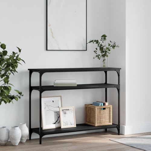 FENLAX Konsolentisch mit Ablagen 100x29x75 cm Eingangsbereich Akzenttisch Konsolentisch schmal Beistelltisch aus Holz Flurtisch mit Ablagen Ausstellungstisch Holzwerkstoff&Metall Schwarz