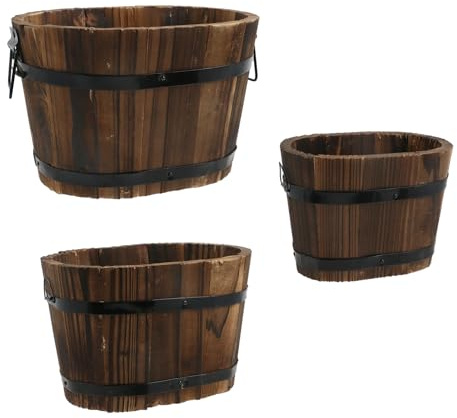 MY MIRONEY 3PCS Wooden Planter Barrel Set Vintage Style Wood Bucket Rustic Garden Flower Plant Pots Container with Metal Handles, Oval, Small, Medium & Large