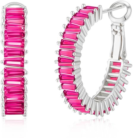 GLOQUAT Pendientes rosa intenso para mujer, aretes fucsia, aretes de aro de circonita cúbica, aretes de cristal de moda para mujer, aros rosados, joyería rosa neón para mujer, aretes baguette para