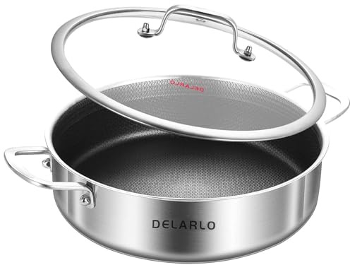 DELARLO Tri-Ply Stainless Steel 7QT Saute Pan 12 Inch Deep Frying Pan with lid Nonstick, Induction Compatible Chef Cooking Pan