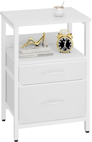 YMYNY Comodino, Tavolino con 2 Cassetti in tessuto, 2 Scaffale aperte, Tavolino Salotto, Tavolino da Divano, Tavolino da Notte per Camera da Letto, Soggiorno, Bianco con venatura di legno HST011W