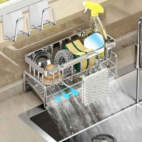 LbsAMP Spülbecken Organizer Hängend Ohne Bohren mit 2 Spülschwammhalter Selbstklebend Multifunktional Spülen Organizer Küche Spüllappenhalter Spülbecken Schwamm Lappen Spülutensilien Aufbewahrung