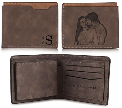 kaululu Personalisierte Geldbörse Herren mit Foto Portemonnaie mit Gravur Faltbare Geldbörse mit Karte Ausweis Bargeldhalter für Papa Ehemann Personalisierte Geschenk für Männer (Braun-1)