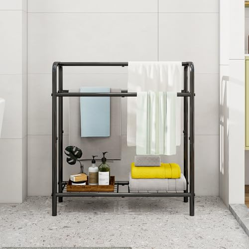 HAHRIR Porte-serviettes à 3 niveaux en métal, petit porte-serviettes autonome pour salle de bain, gain de place, chambre à coucher, salle de bain, étagère d'affichage pour piscine (noir, 70 x 27 x 76