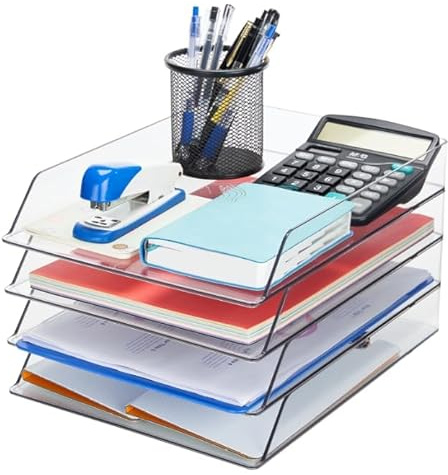 Bandeja de escritorio para cartas, paquete de 2 bandejas de papel apilables transparentes, organizador de escritorio y soporte de papel de almacenamiento, bandeja de archivos, organizador de