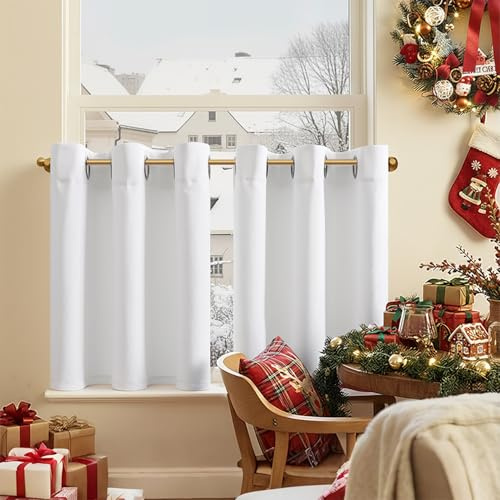 TOPICK Scheibengardinen modern Bistrogardine Wohnzimmer Schlafzimmer, H60xB90 cm Küchenvorhang Küche Gardine Thermovorhang Küchengardinen Blackout Curtains Küchenvorhänge Landhausstil 2er Set Weiß