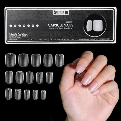 Beautilux 240 Pièces Capsule Americaine Ongle Carré Court, 15 Tailles, Couverture Complète Pré-poncé Mat Capsules Ongles, pour Débutant en Manucure Nail Art