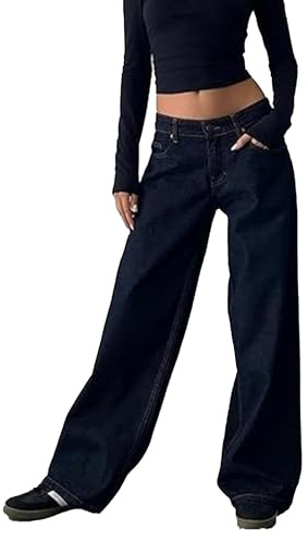 RegaliaKun Jeans a Gamba Dritta da Donna Y2k, a Vita Bassa, Larghi, Boyfriend, vestibilità Comoda, Pantaloni in Denim Elasticizzato, Blu Scuro, Taglia S