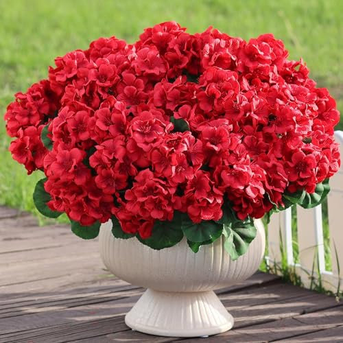 8 paquetes de flores artificiales de geranio de 18 pulgadas para decoración al aire libre de primavera y verano, plantas sintéticas de geranio de seda falsa, resistentes a los rayos UV, para macetas