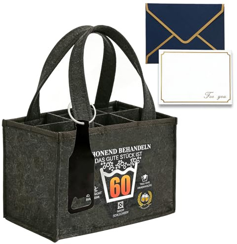 AiDeHuaKeJi Männerhandtasche Bier Geschenk zum 60 Geburtstag Mann – Lustiger Filz Bierträger für 6 Flaschen inkl. Öffner & Geburtstagskarte – Witzige Geschenke für Männer, Vater & Opa