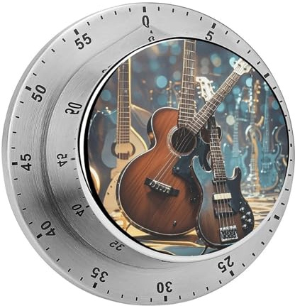 Mechanical Stainless Steel Cooking Timer Guitar Bass Music Musical Instruments Print 60 Minute Kitchen Timer Countdown Reminder Magnetic Loud Alarm (1pack)