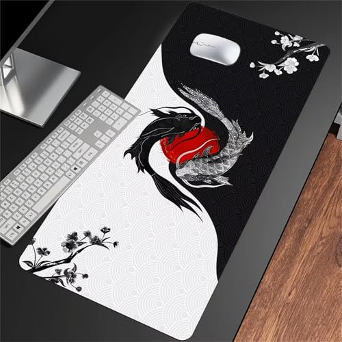 Alfombrilla de Ratón Grande 1200x600x2mm – Mouse Pad Gaming XXL - Mejorar la precisión y la Velocidad - Antideslizante Alfombrilla Escritorio - para Ratón y Teclado (Koi Blanco y Negro)