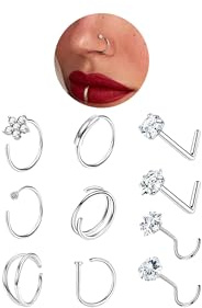 sawyofu 18G 20G Nose Ring Piercing Jewellery Silver 8MM 10PCS Small Thin Hypoallergenic Stainless Steel L-Shape Corkscrew Nose Stud Double Hoop Helix Body Piercing Jewellery for Women Men