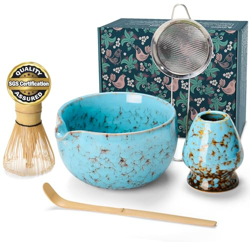 MONOJOY Matcha Bowl and Whisk Set, BPA-Free – Multi-Layer Ice-Crackle Ceramic Chawan with Spout, Bamboo Chasen, Holder, Scoop & Sifter | Japanese Ceremonial Matcha Tea Kit for Lattes & Beginners