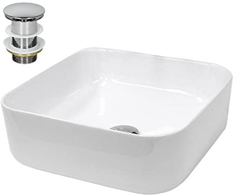 LuxeBath Waschbecken Keramik 390x390x140 mm Weiß mit Ablaufgarnitur Silber, Quadratisches Aufsatzwaschbecken für Badezimmer/Gäste-WC, Modernes Aufsatzbecken, Waschtisch Waschschale Waschplatz Becken